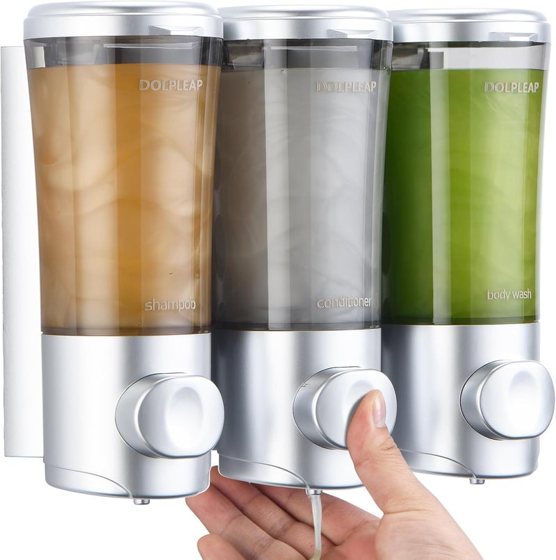 DOLPLEAP Shampoo Conditioner Body Wash Dispenser No Drill Shower Soap Dispenser Wall Mounted Shampoo Dispenser 3 Chamber with Upgrade Pump Head Bathroom Soap Dispenser 450ml/Each Sliver - Image 1